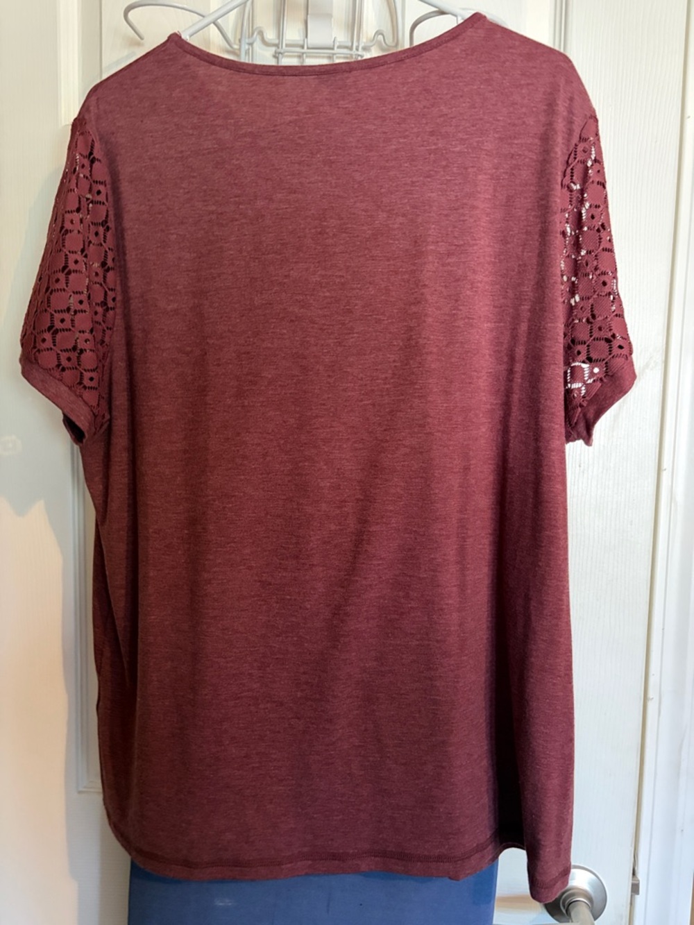 Women's Short Sleeve Knit Top with Lace Sleeves - Burgundy - Picture 3 of 6